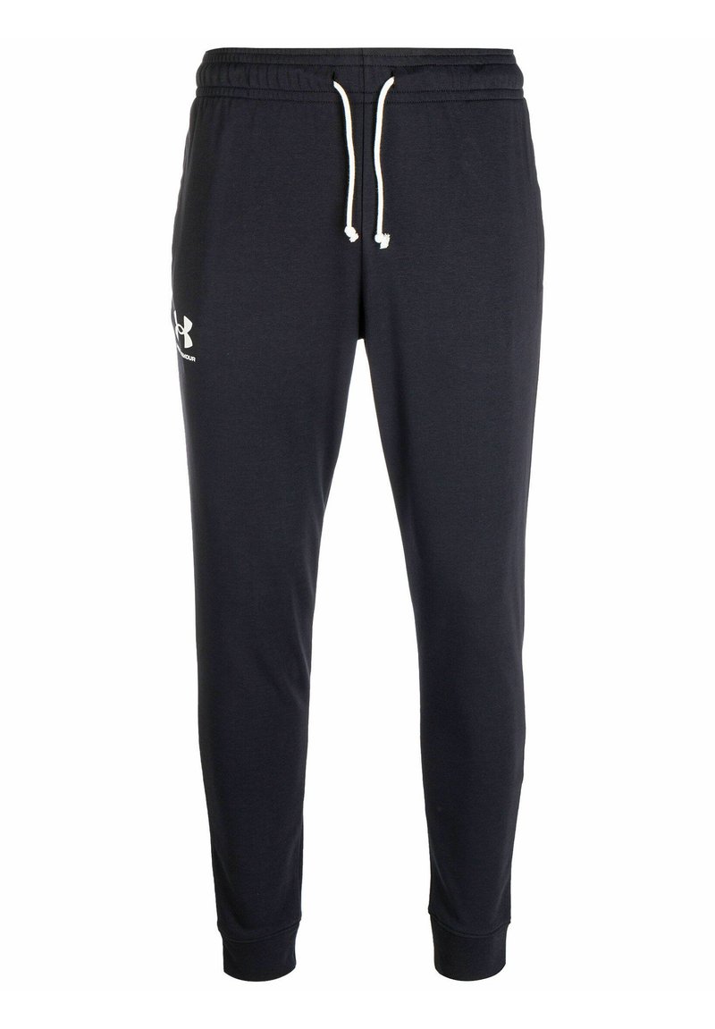 Marine joggingsbroek met elastische tailleband en verstelbare trekkoord. Bevat een wit logo op de linkerdij en taps toelopende enkels.