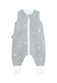 Grau ärmelloser Schlafanzug für Babys aus Baumwolle, mit weißen Mond- und Sternmustern, einem Reißverschluss vorne und weißen Bündchen an den Knöcheln.