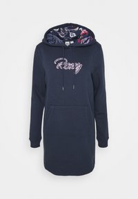 Vestido sudadera azul marino con un interior de capucha con estampado floral, presenta un bolsillo delantero y "Roxy" bordado en rosa claro.
