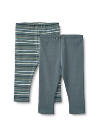 Zwei Paare Baumwollleggings: eines in einfarbigem Teal, das andere mit horizontalen Streifen in Teal, Weiß und Braun. Beide haben einen weichen Bund.