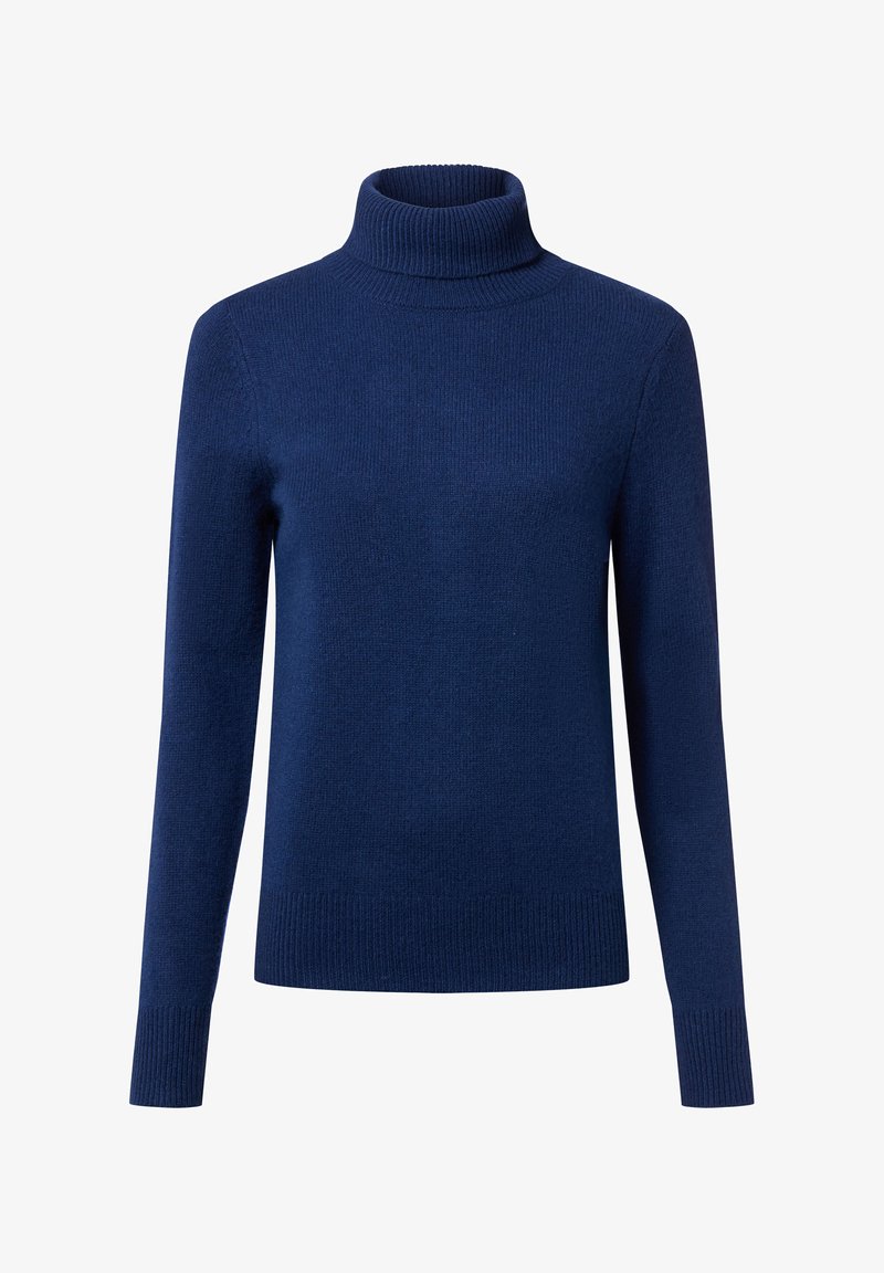 Granatowy sweter typu golf wykonan z prążkowanej dzianiny, z długimi rękawami i dopasowanym krojem; ma wysoki kołnierz i elastyczne mankiety.