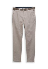 Lichtbeige broeken van een gestructureerde stof, slim fit ontwerp en een bruine riem. Beschikt over zijzakken en een nette zoom.