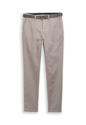 Helle beigen Hosen aus strukturiertem Stoff, schlanke Passform und brauner Gürtel. Verfügt über seitliche Taschen und einen sauberen Saum.