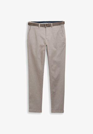 Pantaloni beige chiaro realizzati in un tessuto testurizzato, design slim fit, con cintura marrone. Presentano tasche laterali e un orlo ordinato.