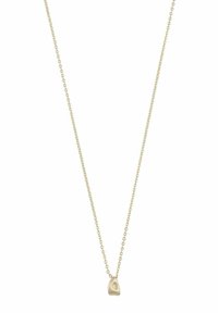 Goldfarbene Halskette mit einer zarten Kette und einem glatten, asymmetrischen Anhänger. Das Design betont schlanke Linien und subtile Texturen.