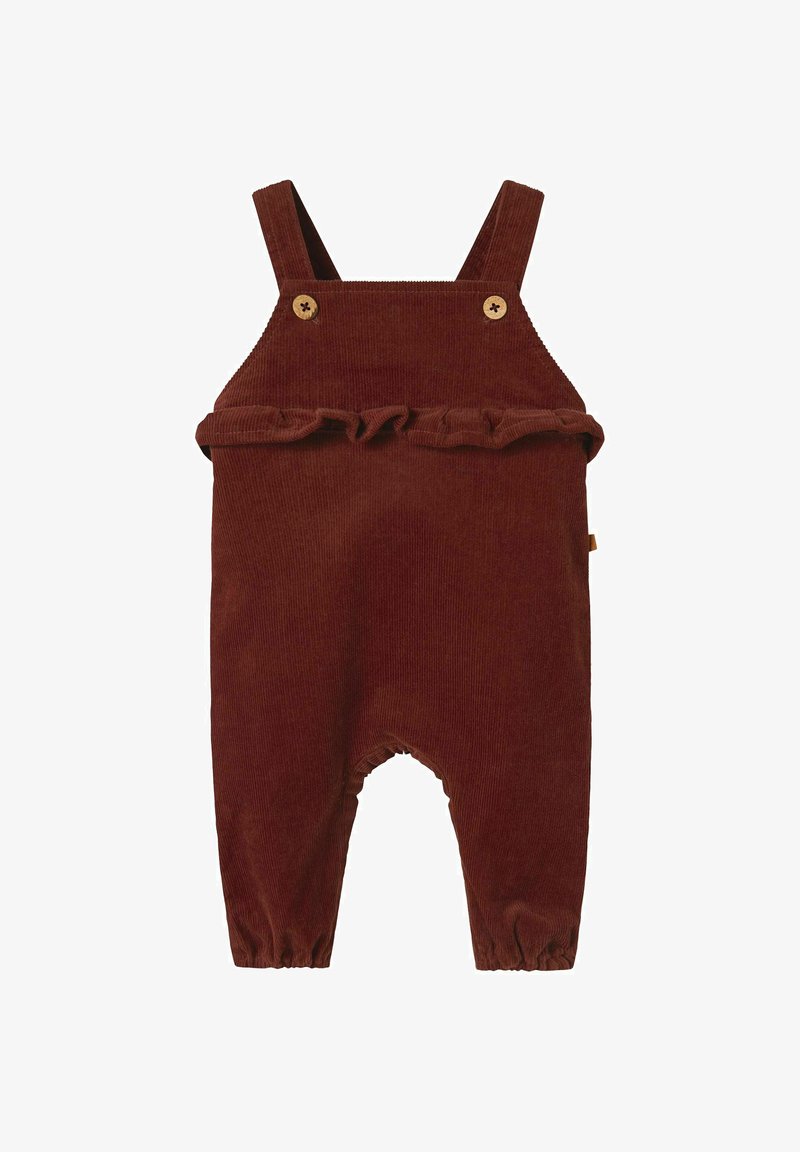 Cordfløyelsoverall i dyp rustfarge med justerbare stropper, treknapper og en volang midje. Elastiiserte mansjetter forbedrer passformen.