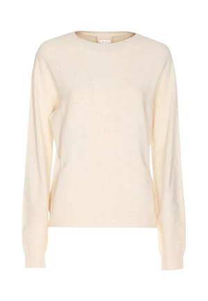 Kermaankerman värinen neulepusero pehmeästä neulostetusta materiaalista, pyöreällä kaula-aukolla ja pitkillä hihoilla, hienovaraisella tekstuurilla ja pilkutetuilla yksityiskohdilla.