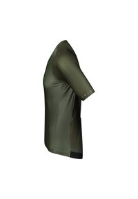 Maillot de cyclisme vert à manches courtes en tissu texturé et respirant. Il présente un col rond et une poche latérale pour le rangement.