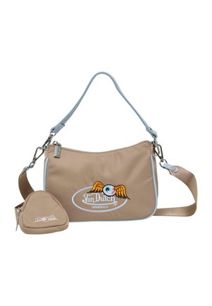 Borsa a spalla in nylon marrone con dettagli azzurri, caratterizzata da un logo ricamato con ali. Include una piccola pochette coordinata attaccata tramite un cinturino.