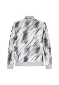 Grå och vit tie-dye sweatshirt med långa ärmar, rund halsringning och ribbade cuffs, med en texturerad yta och abstrakt mönster.