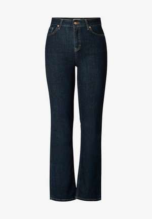 Donkerblauwe denim jeans met een rechte pijp, vijf zakken en een knoopsluiting. Beschikt over contrasterende gouden stiksels langs de naden.