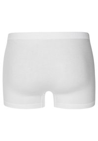 Weiße Baumwoll-Boxershorts mit einer glatten Textur, elastischem Bund und einem mittelhohen Schnitt. Einfaches, nahtloses Design ohne Muster oder Akzente.