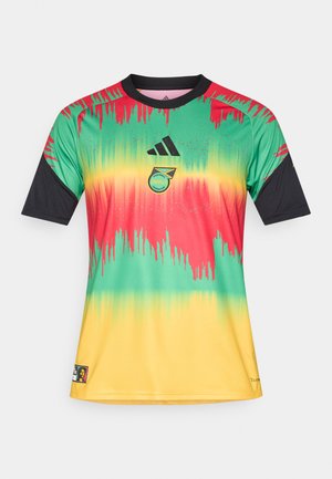 Lyhythihainen pelipaita vihreän, keltaisen ja punaisen liukuvärissä, jossa musta kaulus. Painatuksena Jamaikan logo ja Adidas-brändäys. Kevyt ja sporttinen design.