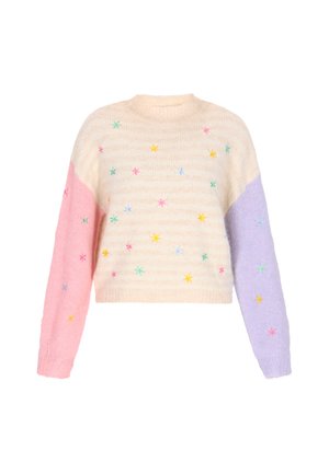 Kötött pulóver pasztell rózsaszín és levendula színű ujjakkal, krémszínű testtel, csíkos textúrával és színes csillag hímzéssel az egész felületen.