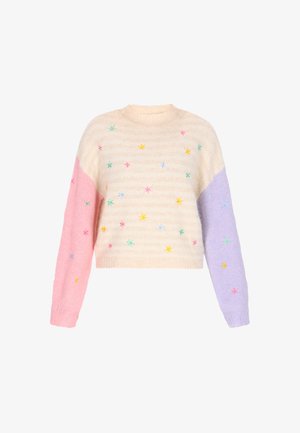 Neulepusero, jossa on vaaleanpunaiset ja lilat hihat, kerma valkoinen runko, jossa on raidallinen rakenne, sekä monivärisiä tähtikirjontoja ympäriinsä.