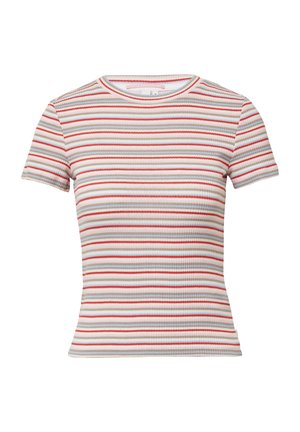 Krátky rukáv, pruhované tričko s rebrovanou textúrou v červených, modrých a krémových pruhoch. Priliehavý strih, okrúhly výstrih, jemná textúra.