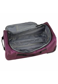 Borsa a tracolla viola con un esterno liscio, dotata di chiusura con zip, foderatura interna grigia, numerose tasche e manici doppi per il trasporto.
