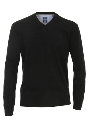 Czarny sweter z długim rękawem w kształcie litery V, z prążkowanymi mankietami i dolnym brzegiem, z małym logo na lewej piersi oraz paskowym detalem na wewnętrznym kołnierzu.