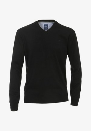 Sort V-udskæring langærmet sweater med ribstrikkede manchetter og kant, med en lille logo på venstre bryst og et stribet detaljeret indre krave.