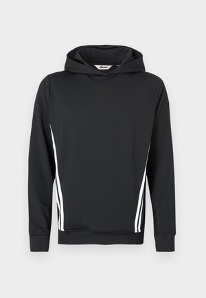 Sweatshirt preto com capuz, mangas compridas, riscas laterais brancas e um pequeno logótipo preto no peito. Textura suave do tecido.