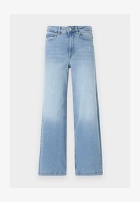 Vaqueros de pierna ancha de talle alto en azul claro, con botón y cremallera delanteros, bolsillos delanteros y traseros, y un sutil efecto desgastado.