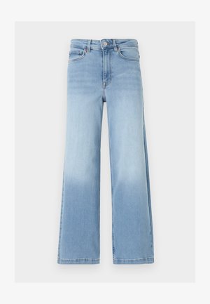 Jean larges taille haute bleu clair avec bouton et fermeture éclair à l'avant, poches avant et arrière, et détails délavés subtils.