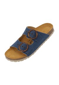 Ciabatta in tessuto blu con due fibbie circolari in legno, soletta imbottita color cuoio e suola leggera in gomma. Design semplice e aperto davanti.