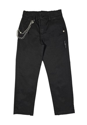 Pantaloni neri in cotone a vestibilità rilassata, con un dettaglio in catena argentata sul davanti, chiusura con bottone e tasche laterali.