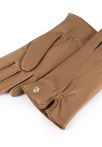 Braune Lederhandschuhe mit glatter Oberfläche, ausgestattet mit genähten Details und einem Design mit offenen Fingerspitzen. Goldene Hardware-Akzente in der Nähe des Handgelenks.