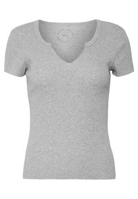 Grå ribbet kortærmet t-shirt med V-hals design. Blød tekstur, tætsiddende form og minimal dekoration fremhæver enkelheden.