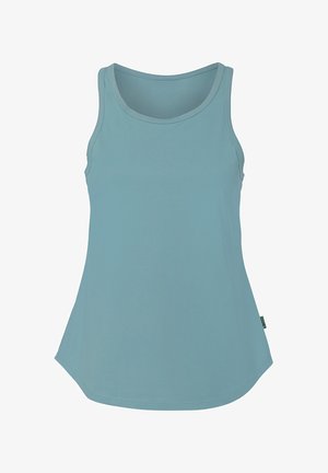 Lyseblå top uden ærmer lavet af glat stof, med en rund halsudskæring og en buet kant for en afslappet pasform.