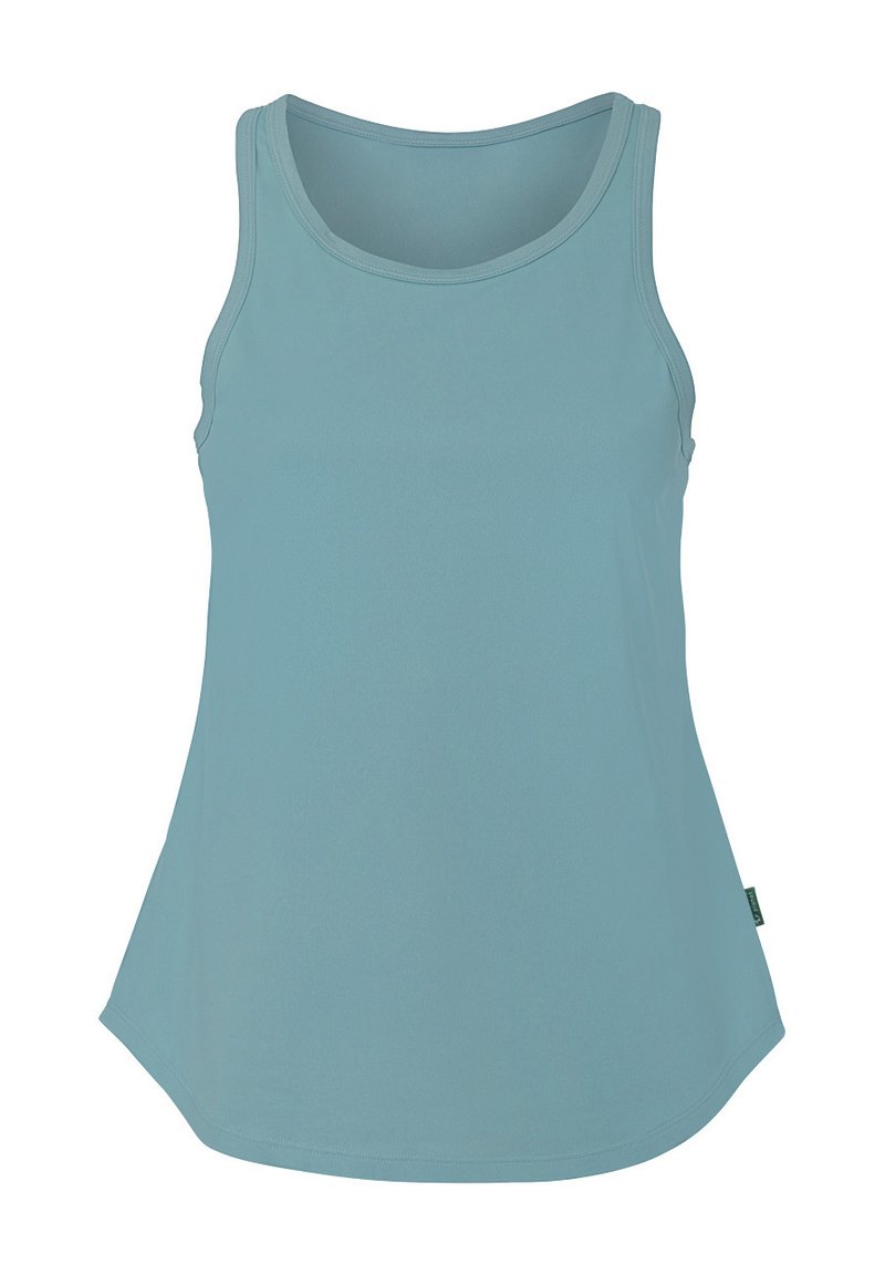 Top de tirantes azul claro hecho de una tela suave, con un escote redondeado y un dobladillo curvado para un ajuste relajado.