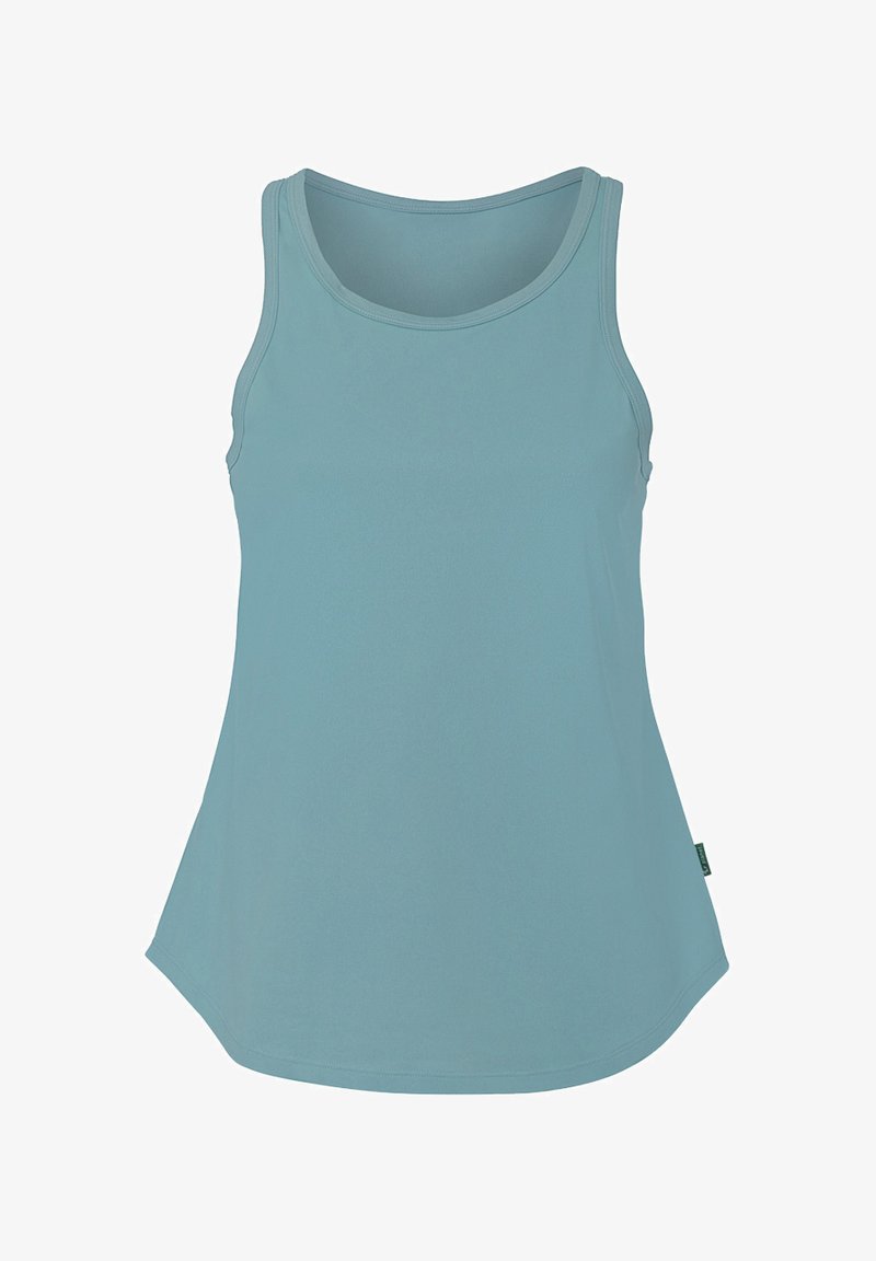 Top de tirantes azul claro hecho de una tela suave, con un escote redondeado y un dobladillo curvado para un ajuste relajado.
