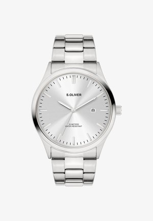 Montre en acier inoxydable argentée avec un cadran rond, un design minimaliste et une finition brossée. Comprend des index horaires et une fenêtre de date.