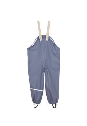 Pantalon salopette bleu imperméable avec bretelles beige réglables et poignets élastiqués avec brides pour les pieds, conçu pour un usage extérieur.