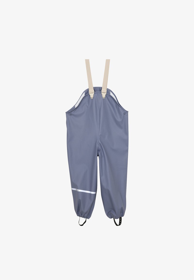 Pantalon salopette bleu imperméable avec bretelles beige réglables et poignets élastiqués avec brides pour les pieds, conçu pour un usage extérieur.