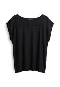 Top nero a maniche corte con scollatura ampia, che combina pannelli di tessuto lisci e texturizzati. Vestibilità morbida e design semplice senza motivi.