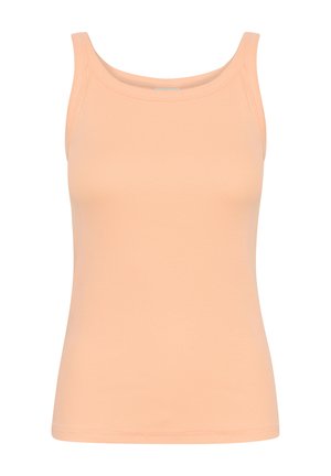 Helles Pfirsich, eng anliegendes Tanktop aus weicher Baumwolle. Merkmale sind breite Träger, runder Ausschnitt und eine glatte, einfarbige Textur.