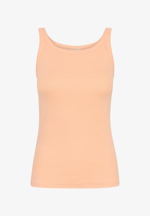 Top elastic, de culoare piersică deschisă, confecționat din bumbac moale. Are bretele late, decolteu rotunjit și o textură netedă, simplă.