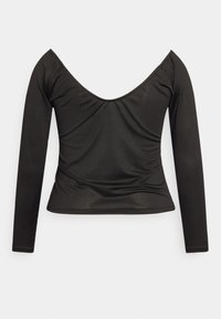 Top preto de manga longa com um decote em U profundo, feito de um tecido suave. Apresenta detalhes franzidos nas laterais e uma silhueta ajustada.