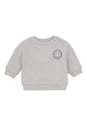 Lichtgrijze babytrui met lange mouwen en een ronde halslijn, voorzien van een kleine ronde patch met een hondenillustratie en tekst op de borst.