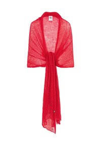 Czerwony, lekki, dziany szal z otwartym przodem, z zapięciem na węzeł w centrum i luźnym, swobodnym krojem.