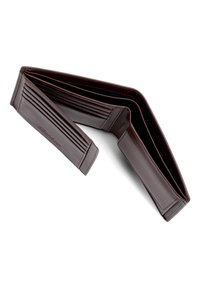 Dark brown leather wallet with multiple card slots, a smooth texture, and a bifold design. Features subtle stitching and a logo detail.