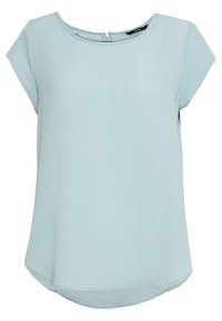 Ljusblå kortärmad topp med rundad halsringning och en liten dragkedja bak. Texturerad tyg med en buktande nederkant.