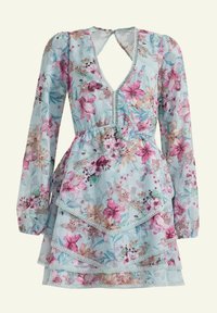Floral dress in light blue with long sleeves, V-neck, and layered ruffle detailing. Features a mix of pink and purple flowers, lightweight fabric.