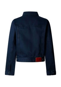 Ciemnoniebieska kurtka jeansowa z długimi rękawami, zapinanymi na guziki mankietami oraz małą brązową skórzaną naszywką przy dolnym brzegu na środku z tyłu.