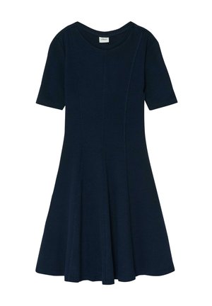 Marineblaues Strickkleid mit kurzen Ärmeln, rundem Ausschnitt und leicht ausgestelltem Rock.