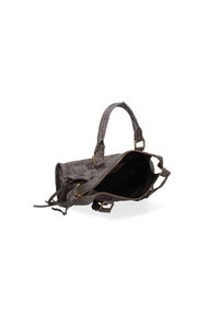 Sac à main en cuir gris avec une finition texturée, fermeture éclair, quincaillerie dorée et une seule poignée. L'intérieur est noir et spacieux.