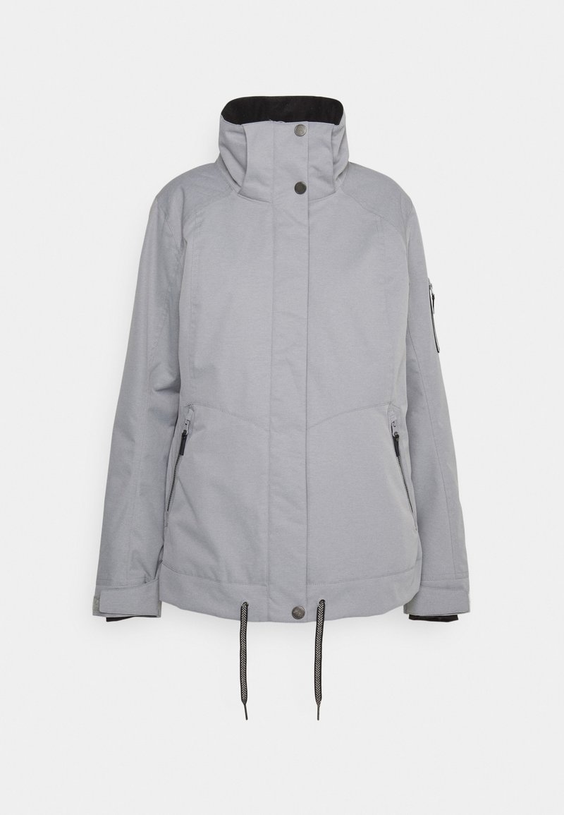 Veste gris clair avec col montant, fermeture éclair frontale recouverte d’un rabat à boutons-pression, poches zippées et cordons de serrage ajustables à la base.