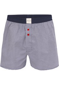 Námořnické modré boxerky se vzorem, bílé geometrické designy, elastický pas a dva červené knoflíčky vpředu. Štítek na pase.